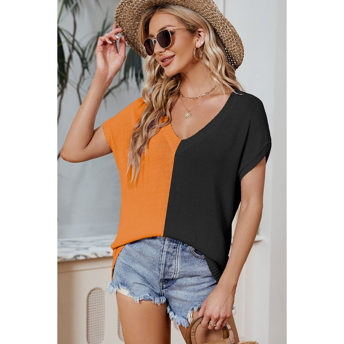 Color Block V-Neck Short Sleeve Knit Top