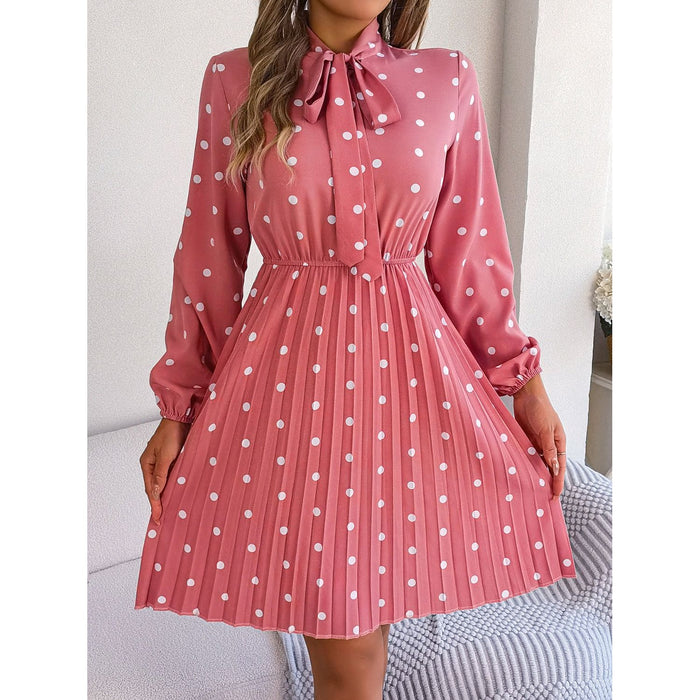 Polka Dot Tie Neck Pleated Dress