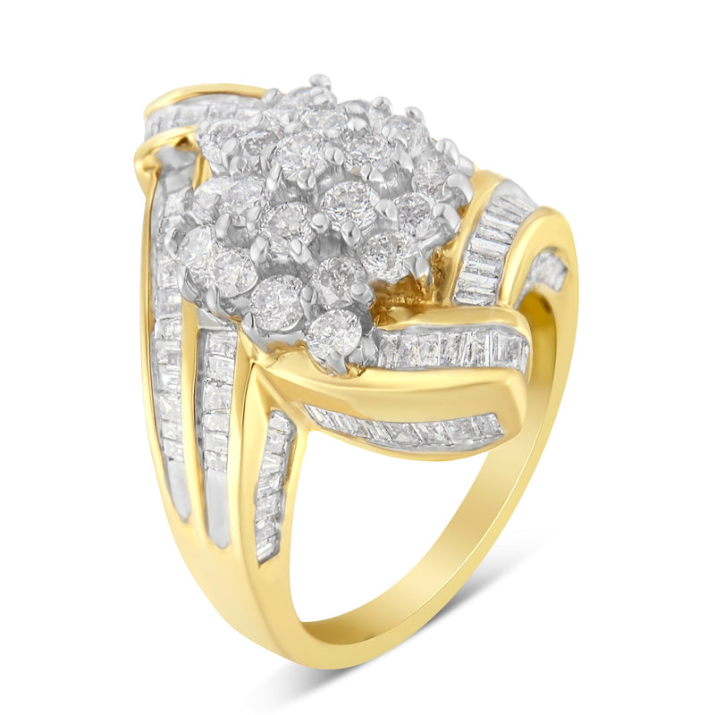 Bids.com 10K Yellow Gold Round and Baguette Diamond Crossover Cluster Ring (3 Cttw, I-J Color, I1-I2 Clarity) - Size 7-1/2 Rings