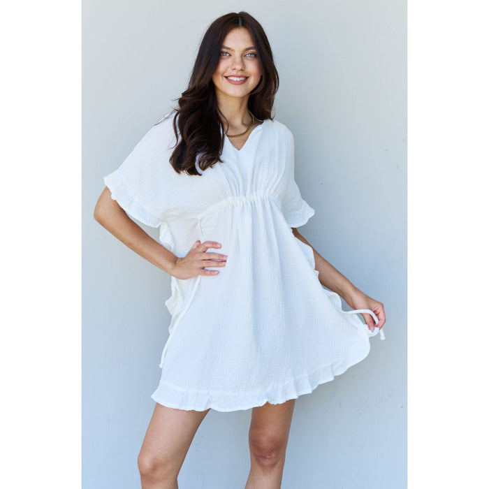 Ruffle Hem Dress with Drawstring Waistband in White