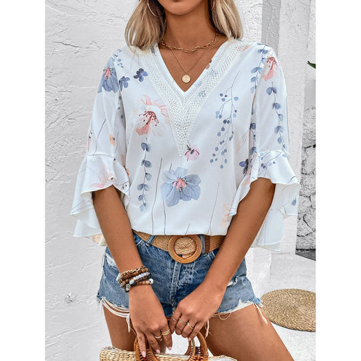 Ruffled Printed V-Neck Half Sleeve Blouse