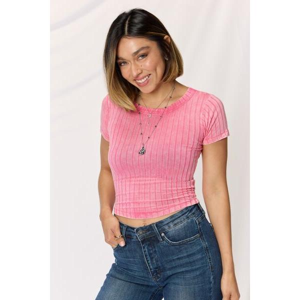 Zenana Washed Ribbed Short Sleeve Cropped T-Shirt