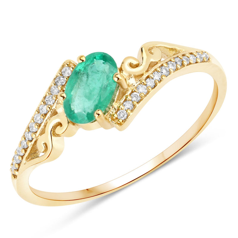 Bids.com 0.51 Carat Genuine Zambian Emerald and White Diamond 14K Yellow Gold Ring Rings