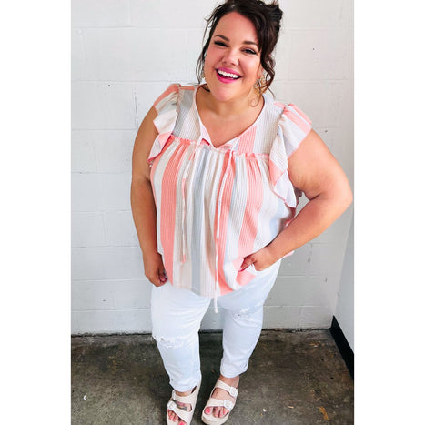 Coral & Light Blue Stripe Waffle Tie Neck Top