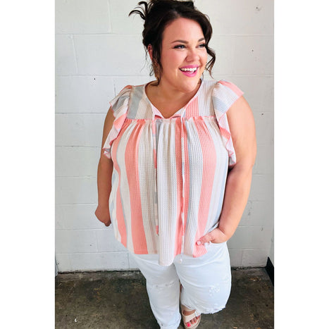 Coral & Light Blue Stripe Waffle Tie Neck Top