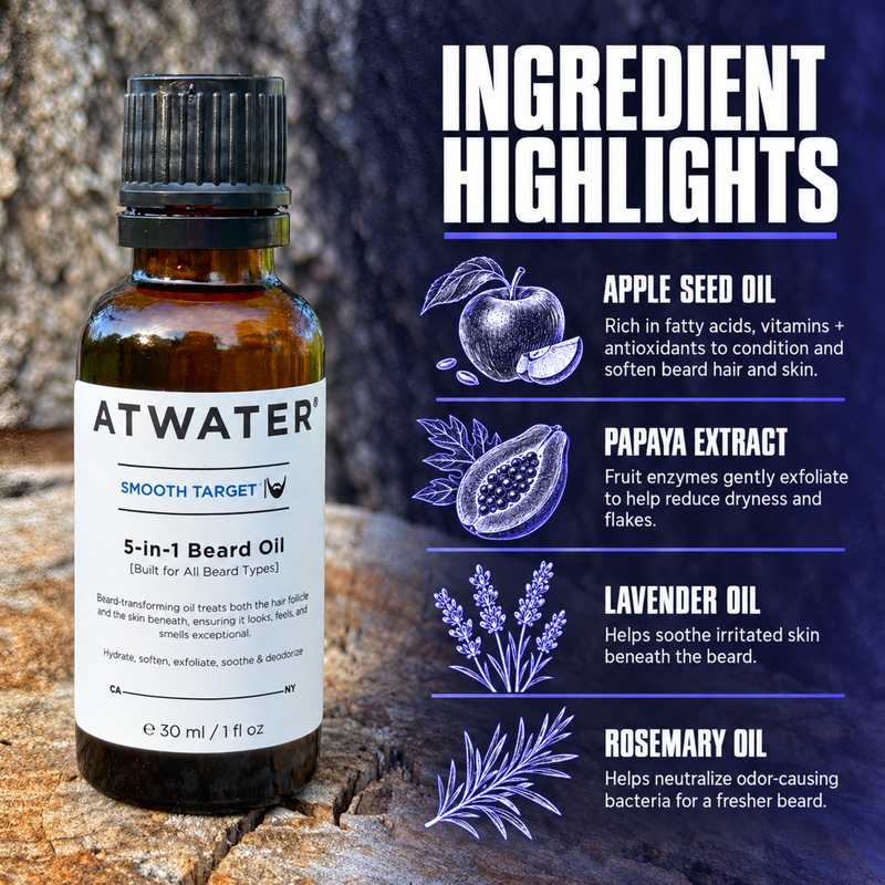 ATWATER Smooth Target 5-in-1 Beard Oil Shaving Midnight Blue 1 oz,2 oz,.34 oz