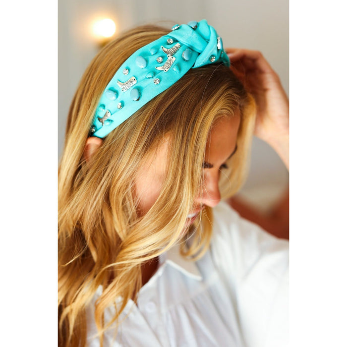 Turquoise Stone & Gem Cowboy Boot Embellished Top Knot Headband