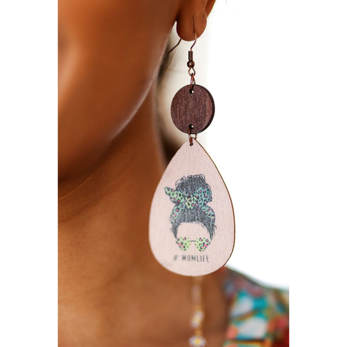 Green Cheetah "#MOMLIFE" Wooden Dangle Earrings