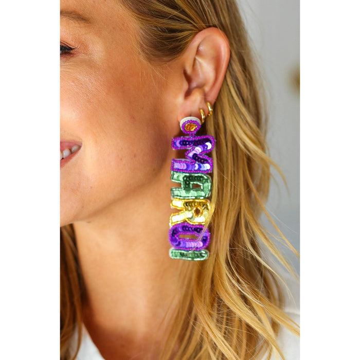 Mardi Gras Sequin & Beaded Dangle Earrings