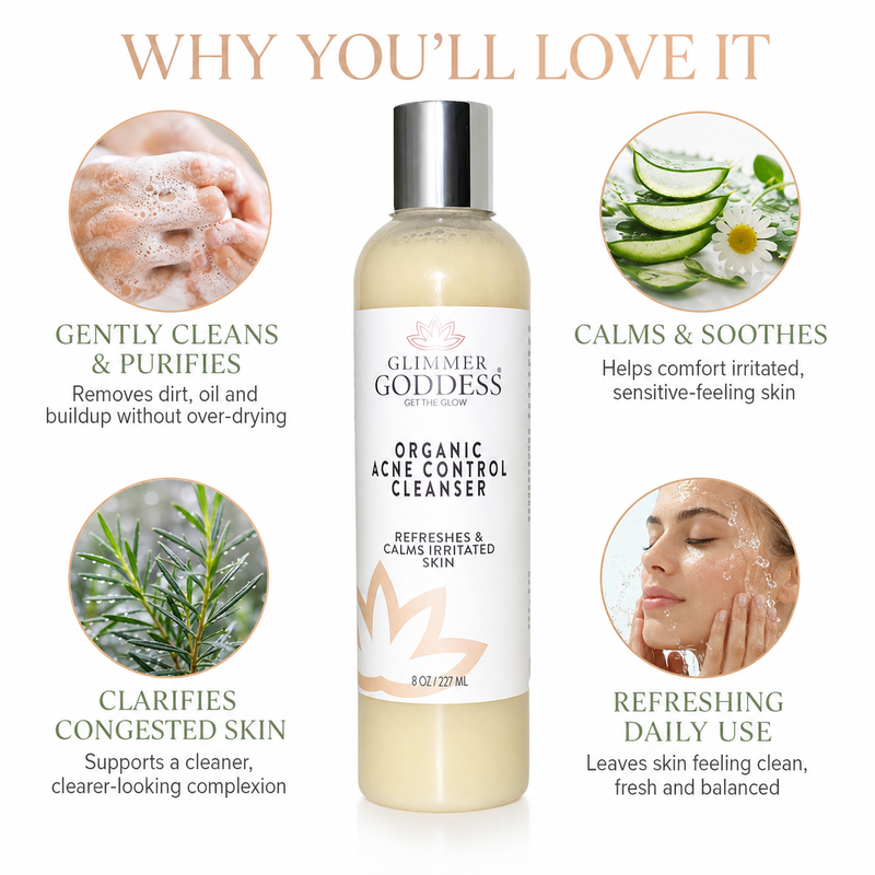 Glimmer Goddess® Organic Skin Care Organic Acne Cleanser – Gentle Face & Body Wash Facial Cleanser White Smoke 8 oz