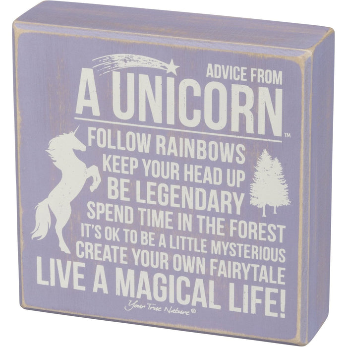 The Bullish Store - Advice From Unicorn Box Sign | Wood | Purple With White Lettering