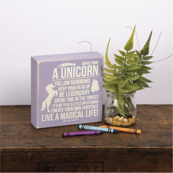 The Bullish Store - Advice From Unicorn Box Sign | Wood | Purple With White Lettering