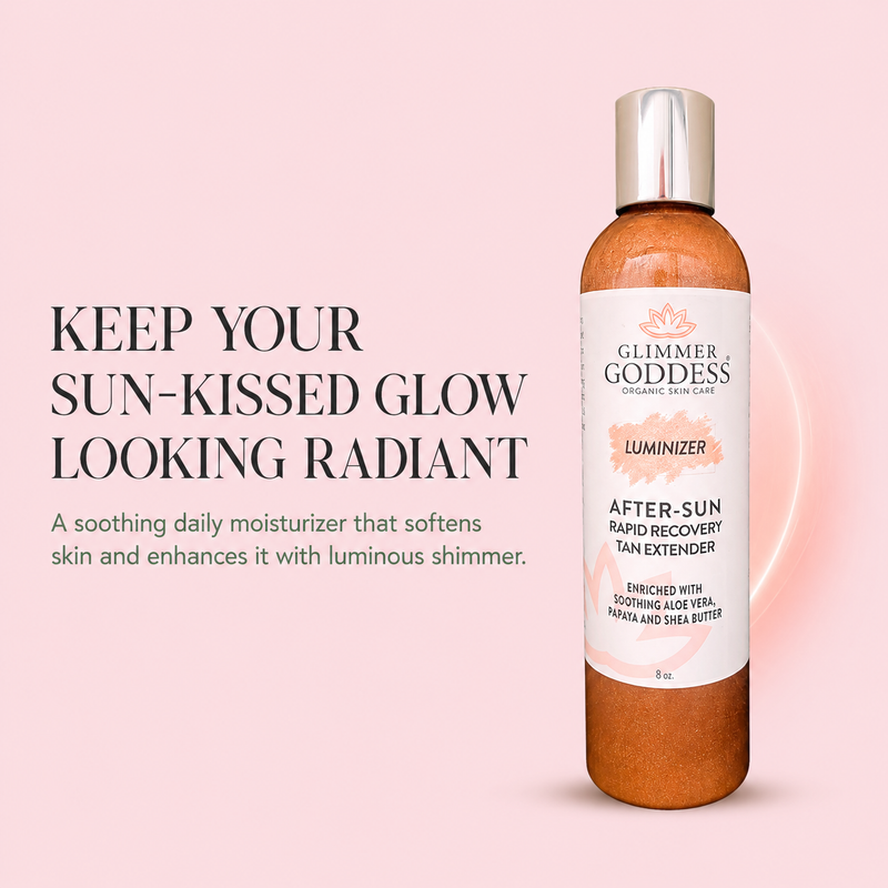 Glimmer Goddess® Organic Skin Care Organic After Sun Lotion & Tan Extender – Luminizing Shimmer Lotion & Moisturizer Misty Rose