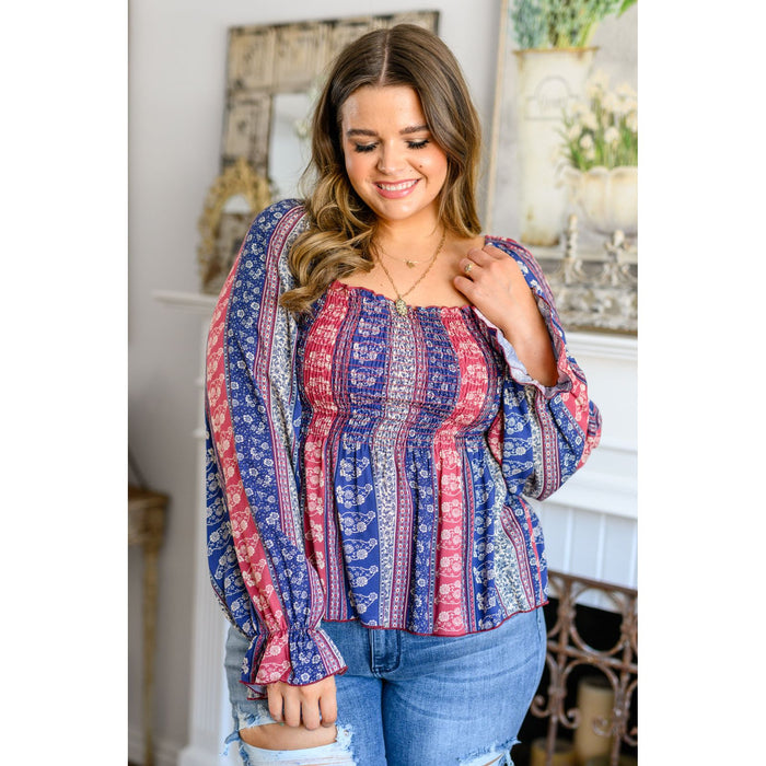 Sugarfox Afternoon Tea Smocked Long Sleeve Blouse