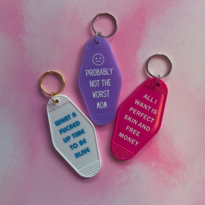 The Bullish Store - All I Want Is Perfect Skin And Free Money Motel Style Keychain In Fuchsia Pink