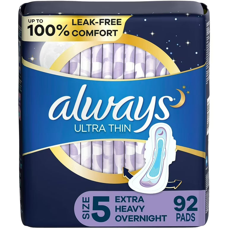 Always Ultra Thin Overnight Extra Heavy Flow Pads with Wings, 92 Count (2 Pack of 46)
