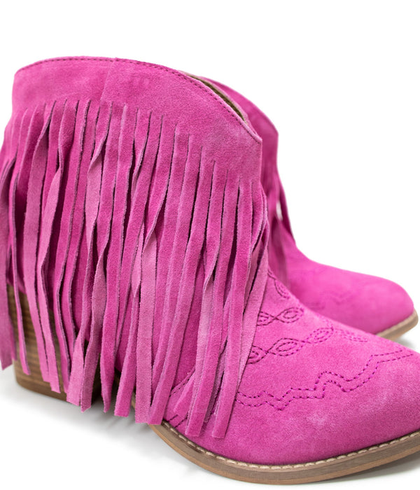 Amos Fringe Ankle Bootie in Magenta Suede