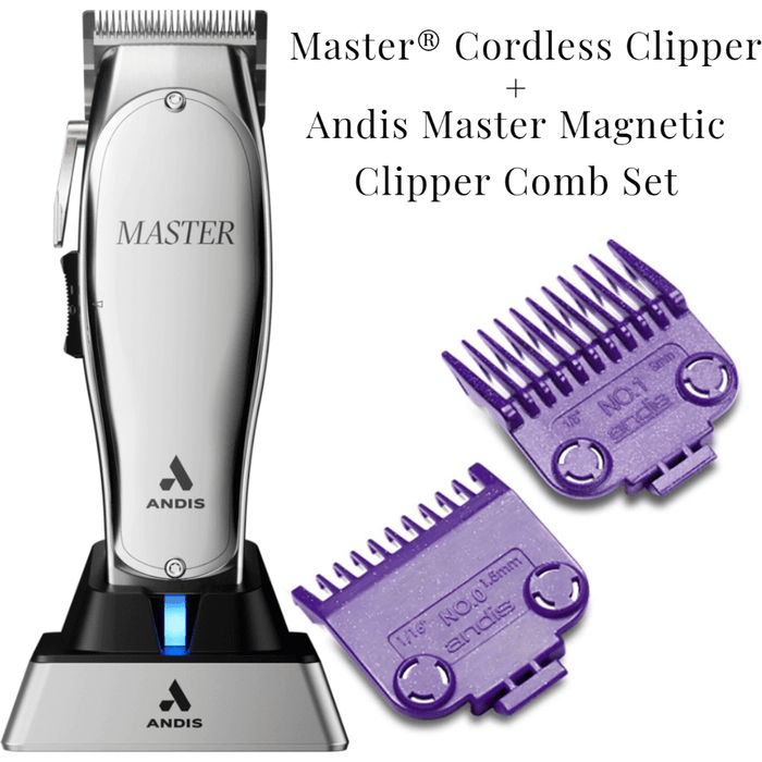 Andis Professional Master Cordless Clipper Lithium Ion Adjustable Blade #12660 & Andis Master Magnetic Clipper Comb Set Guide Attachments #01900