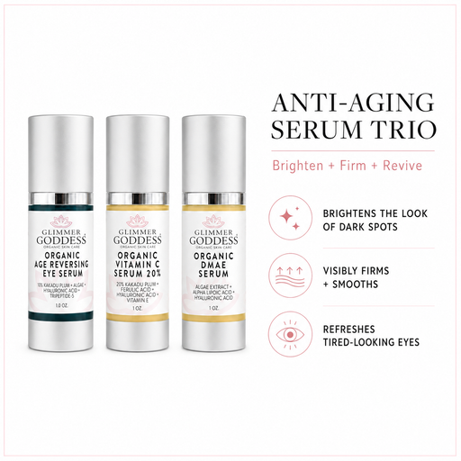 Glimmer Goddess® Organic Skin Care Organic Anti-Aging Trio – Vitamin C & Firming Serums Anti-Aging Skin Care Kits White Smoke