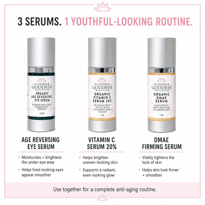 Glimmer Goddess® Organic Skin Care Organic Anti-Aging Trio – Vitamin C & Firming Serums Anti-Aging Skin Care Kits White Smoke