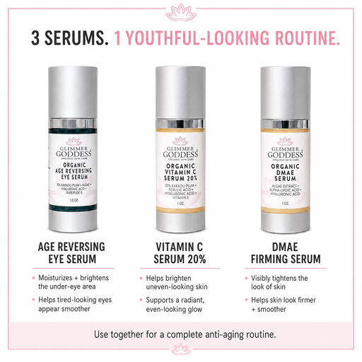 Glimmer Goddess® Organic Skin Care Organic Anti-Aging Trio – Vitamin C & Firming Serums Anti-Aging Skin Care Kits White Smoke