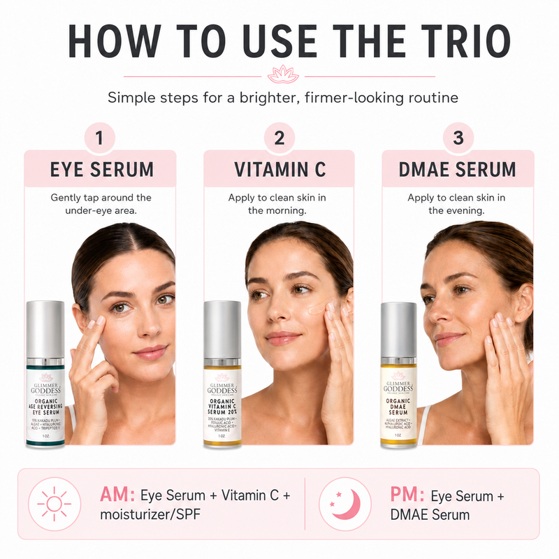 Glimmer Goddess® Organic Skin Care Organic Anti-Aging Trio – Vitamin C & Firming Serums Anti-Aging Skin Care Kits White Smoke