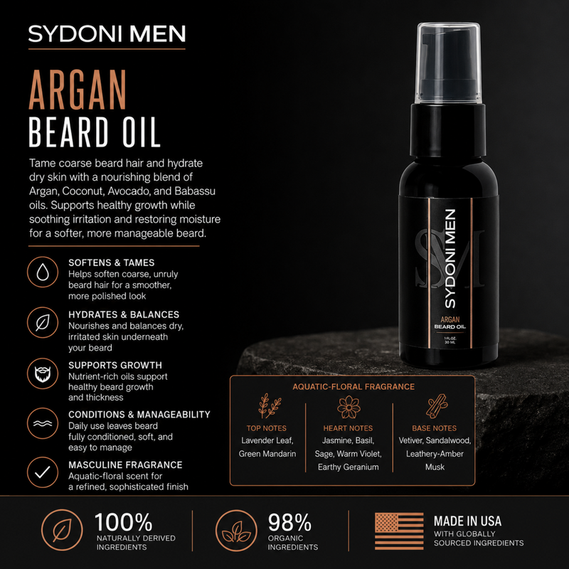 Sydoni Skincare and Beauty SYDONI MEN ARGAN BEARD OIL | Hydrate, Soften & Condition 1 fl. oz. Men Beard Black