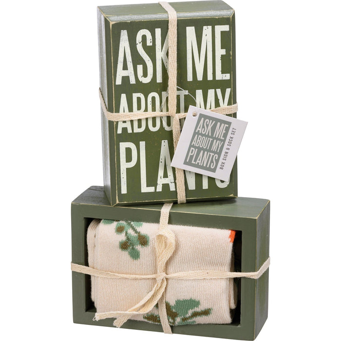 The Bullish Store - Ask Me About My Plants Box Sign And Sock Set | Plant Lovers Giftable Set