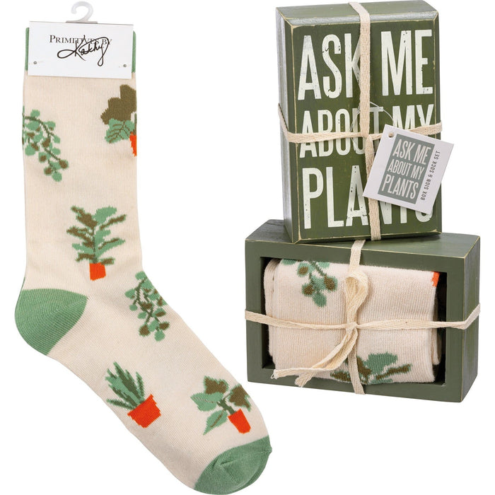 The Bullish Store - Ask Me About My Plants Box Sign And Sock Set | Plant Lovers Giftable Set