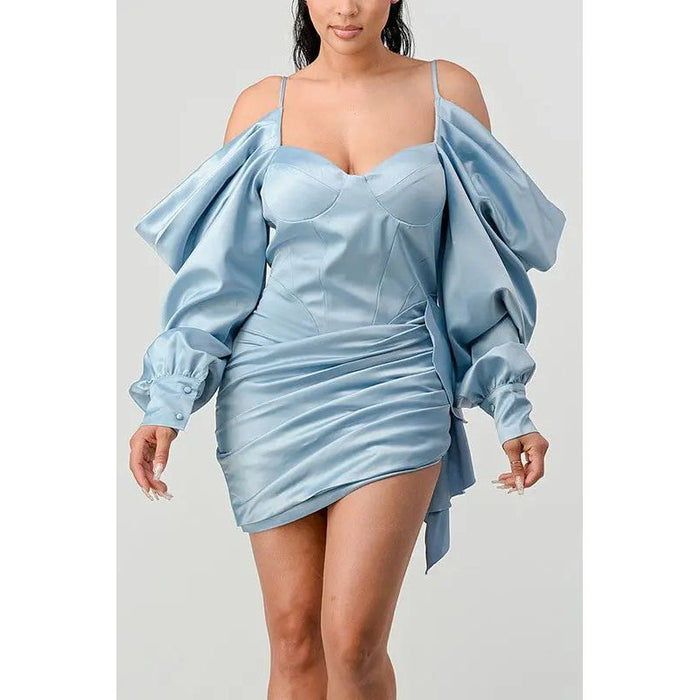 Athina Elegant Puff Shoulder Satin Mini Dress