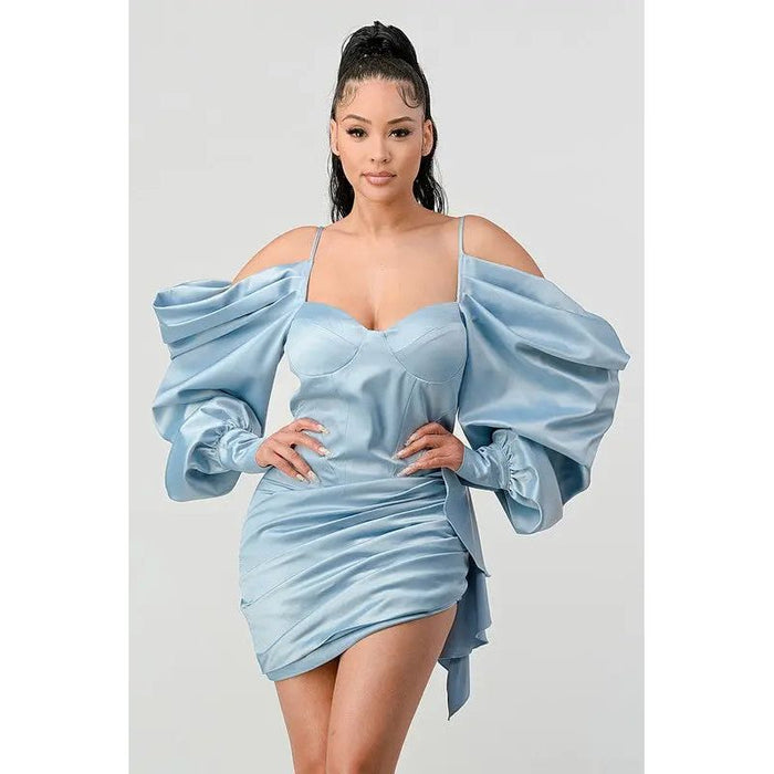 Athina Elegant Puff Shoulder Satin Mini Dress