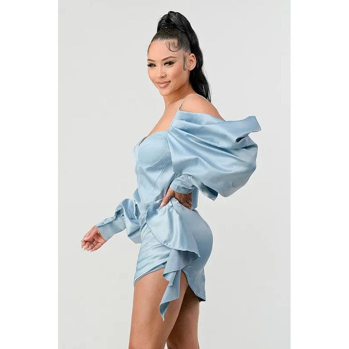 Athina Elegant Puff Shoulder Satin Mini Dress