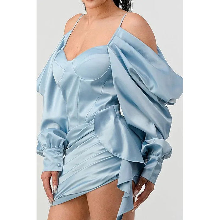 Athina Elegant Puff Shoulder Satin Mini Dress