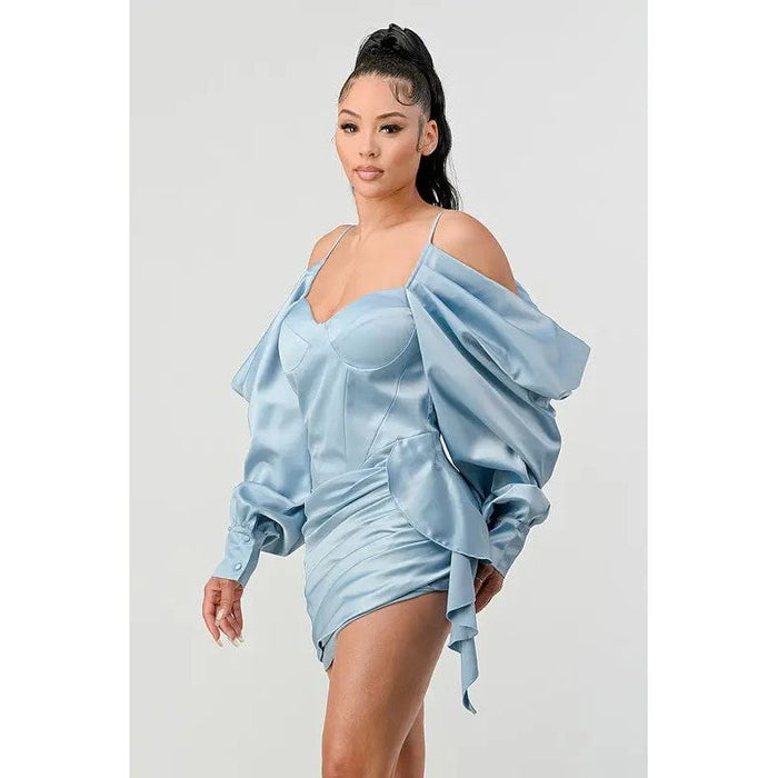 Athina Elegant Puff Shoulder Satin Mini Dress