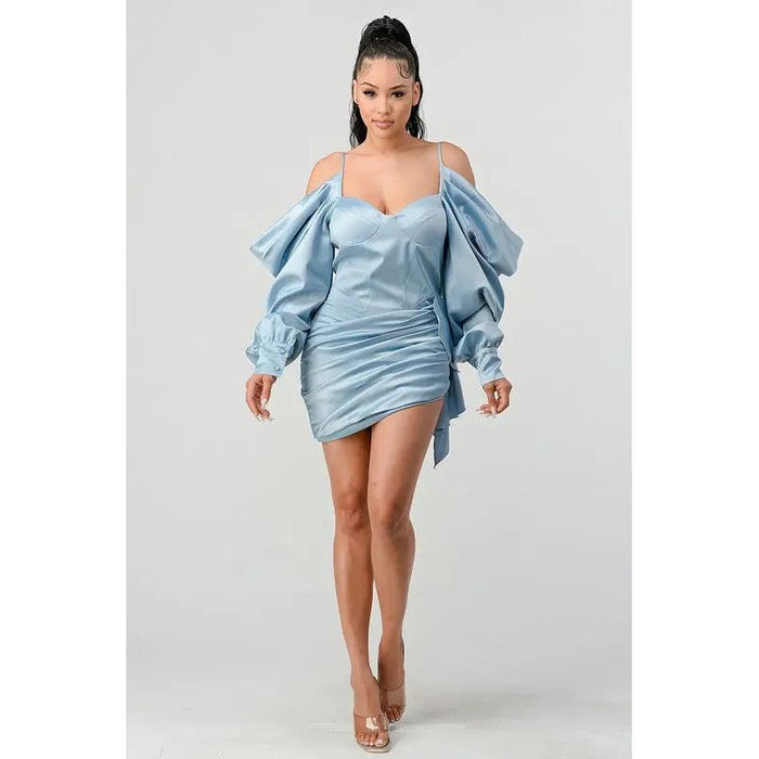 Athina Elegant Puff Shoulder Satin Mini Dress