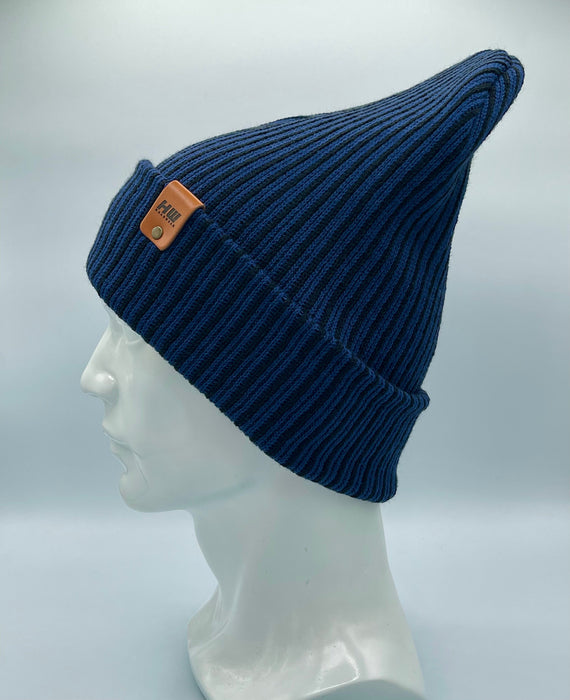 HAAKWEAR Cuffed Wide Ribbed Striped Beanie, Limited Edition, Black/Blue, Made in USA