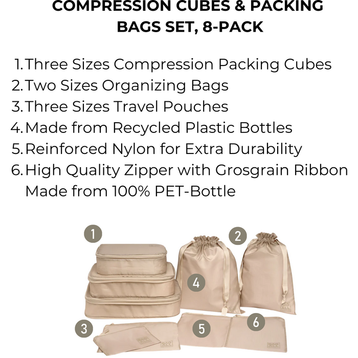 Bag-All - Compression Cubes & Packing Bags Set, 8-Pack, Taupe