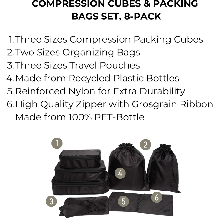 Bag-All - Compression Cubes & Packing Bags Set, 8-Pack, Black