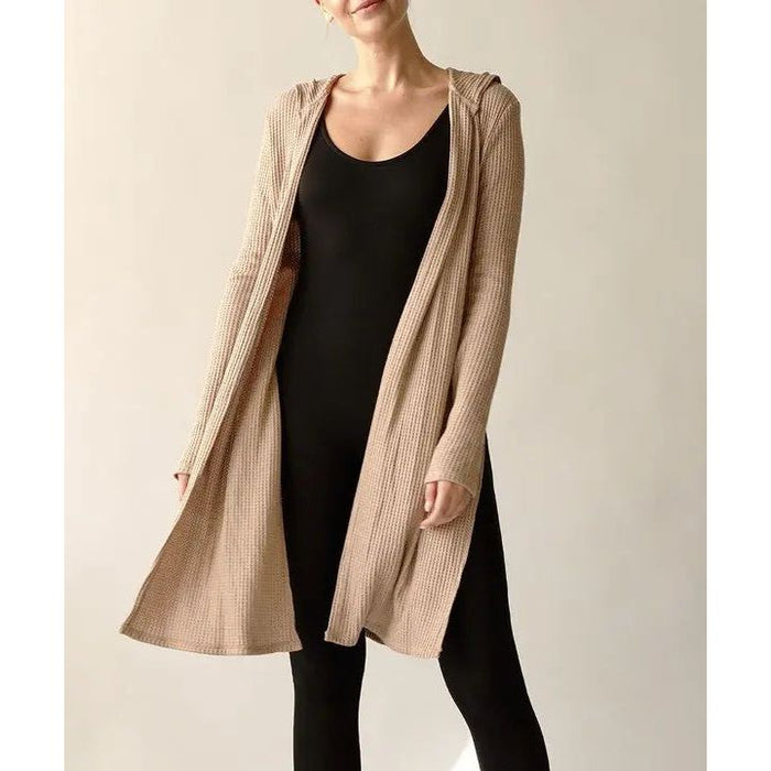 Bamboo Waffle Slim Cardigan With A Hoodie