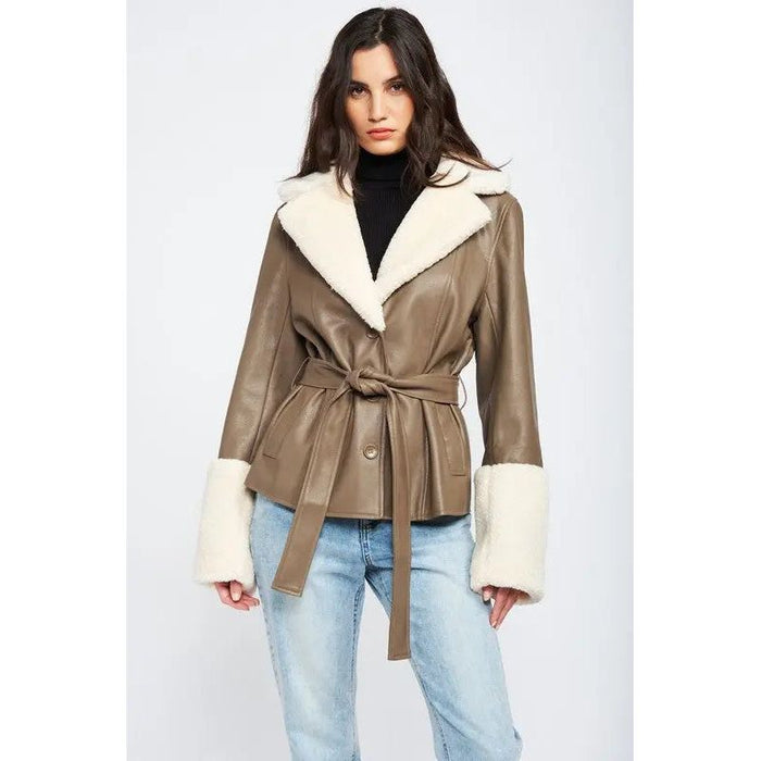 Belted Faux Shearing Trimmed Jacket