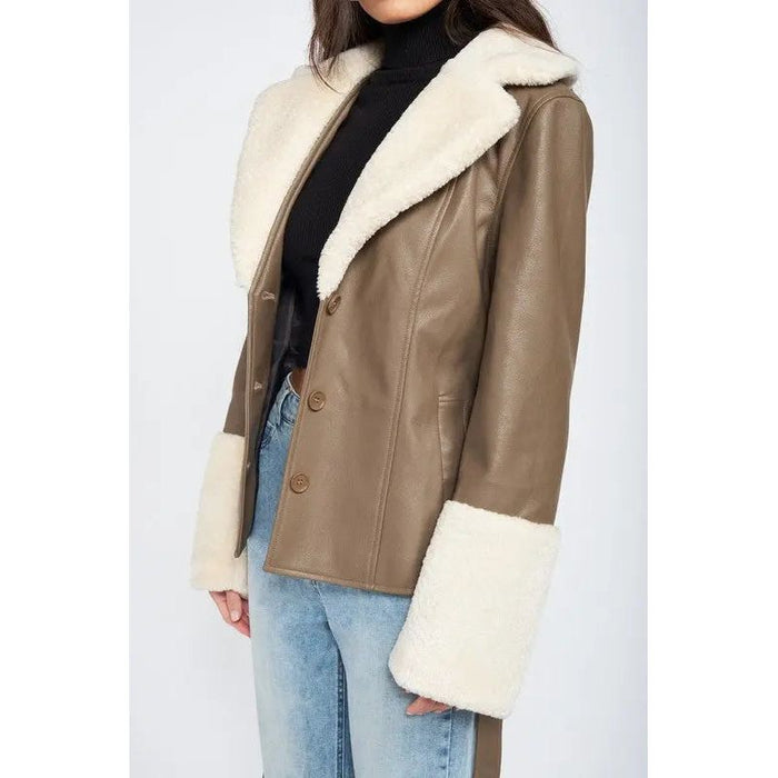 Belted Faux Shearing Trimmed Jacket