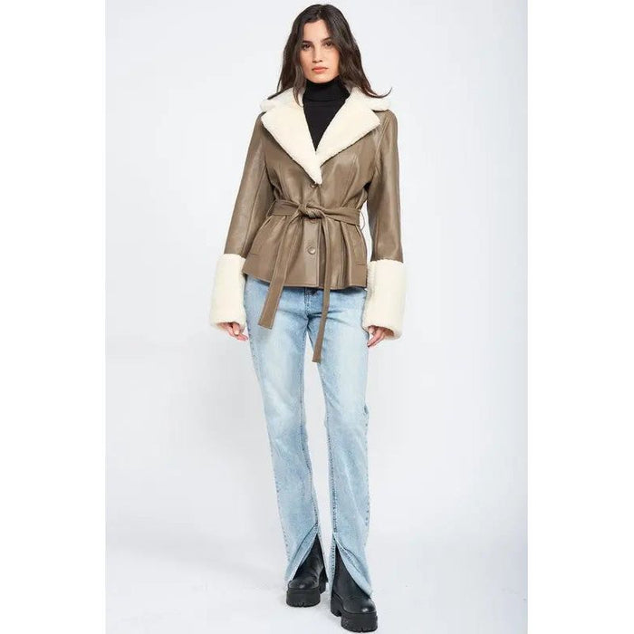 Belted Faux Shearing Trimmed Jacket