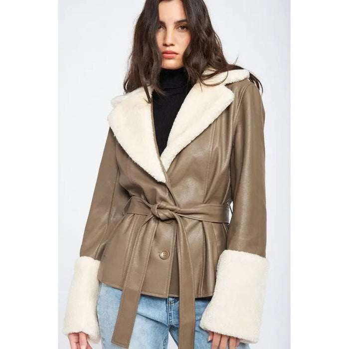 Belted Faux Shearing Trimmed Jacket