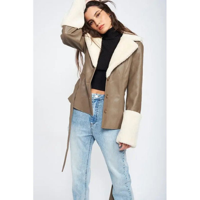 Belted Faux Shearing Trimmed Jacket