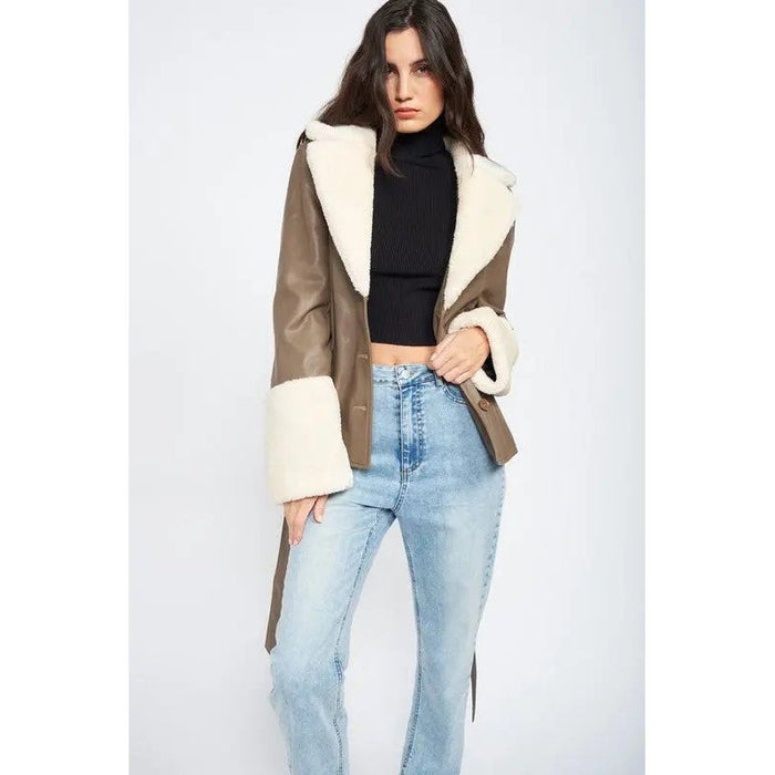 Belted Faux Shearing Trimmed Jacket