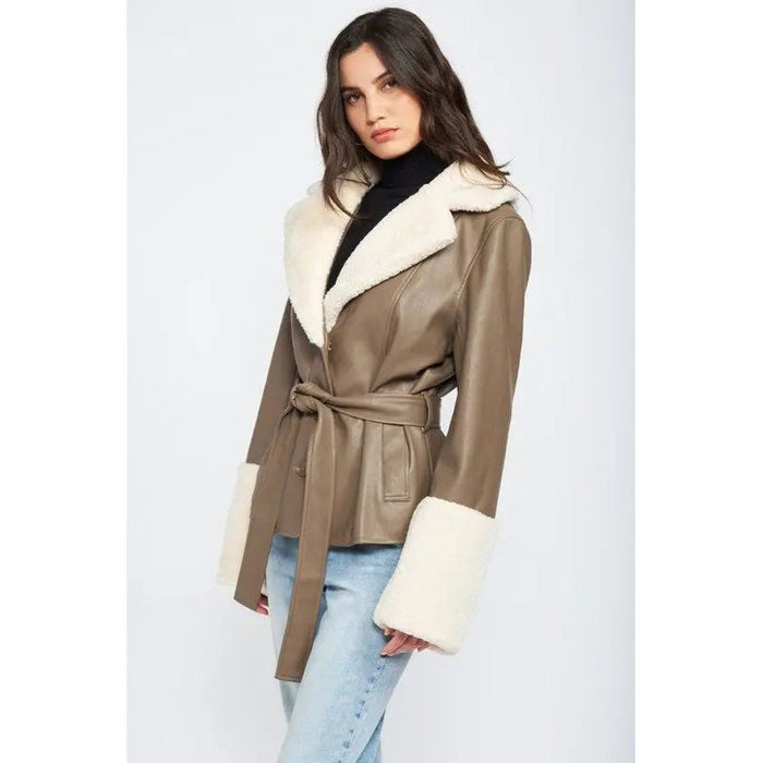 Belted Faux Shearing Trimmed Jacket