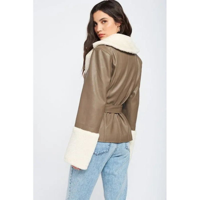 Belted Faux Shearing Trimmed Jacket