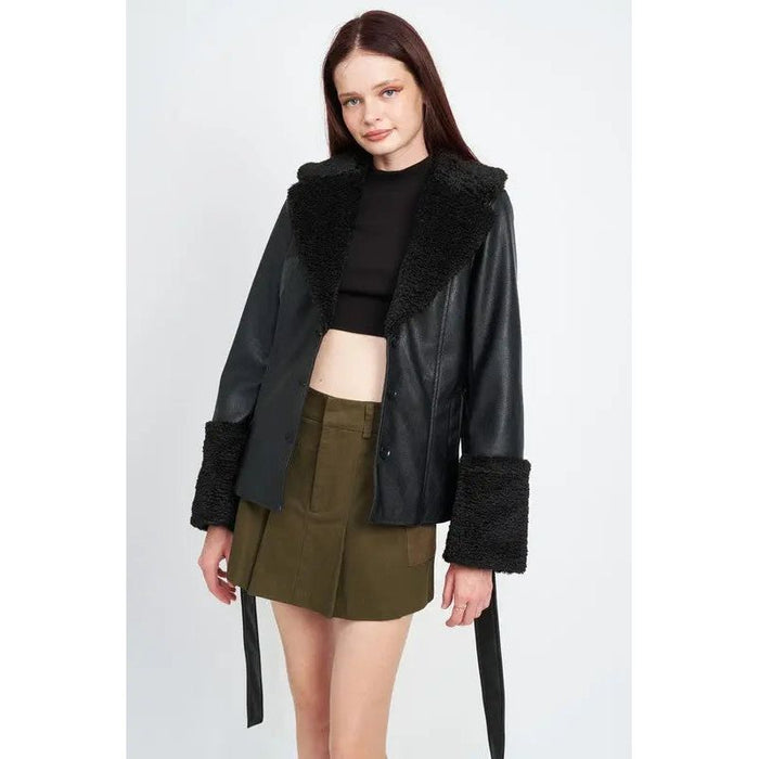 Belted Faux Shearing Trimmed Jacket