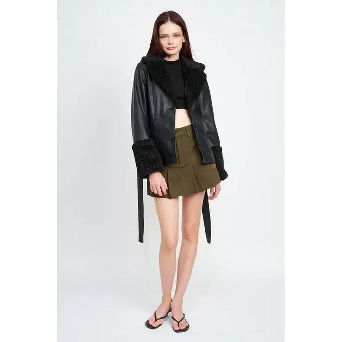 Belted Faux Shearing Trimmed Jacket