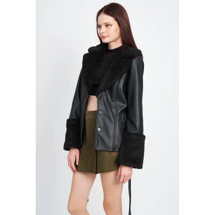 Belted Faux Shearing Trimmed Jacket